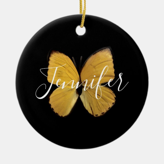 Elegantes Gelbes Schmetterlingskript Personalisier Keramik Ornament (Vorne)