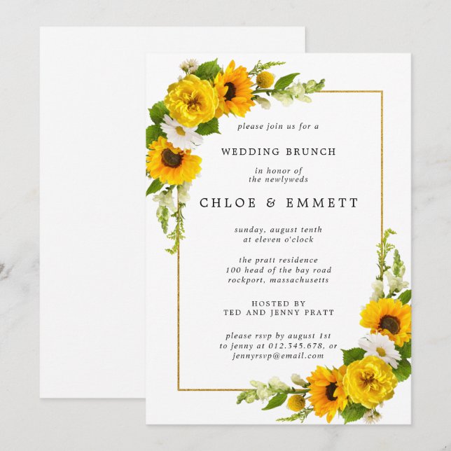 Elegantes, gelbes Sonnenblumen-Blumenbrunch Einladung (Vorne/Hinten)