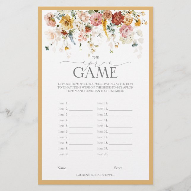 Elegantes Gelbes Wildblume Brautparty Game (Vorderseite)