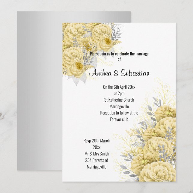 ELEGANTES GELBFLORALBOUQUET MODERNE WEDING EINLADUNG (Vorne/Hinten)