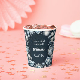 Elegantes Gem Bling Denim und Diamonds Sweet 16 Pappbecher