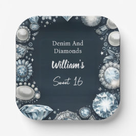 Elegantes Gem Bling Denim und Diamonds Sweet 16 Pappteller