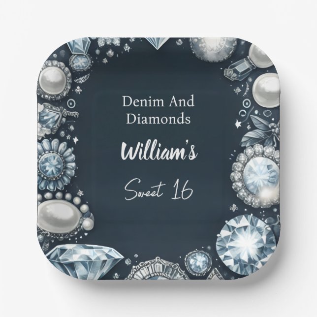 Elegantes Gem Bling Denim und Diamonds Sweet 16 Pappteller (Vorderseite)