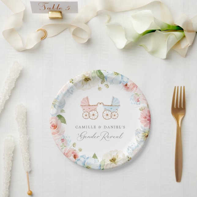 Elegantes Gender Reveal Baby Shower Blau und Rosa Pappteller (Hochzeit)