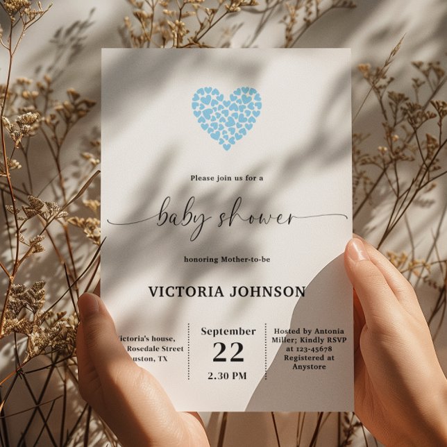 Elegantes Gentle Blue Heart Baby Shower Party Einladung (Von Creator hochgeladen)