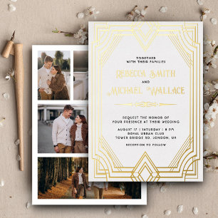 Elegantes geometrisches Art Déco Hochzeit Weißes G Folieneinladung