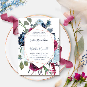 Elegantes geometrisches Berries Blauer Hochzeitsta Einladung