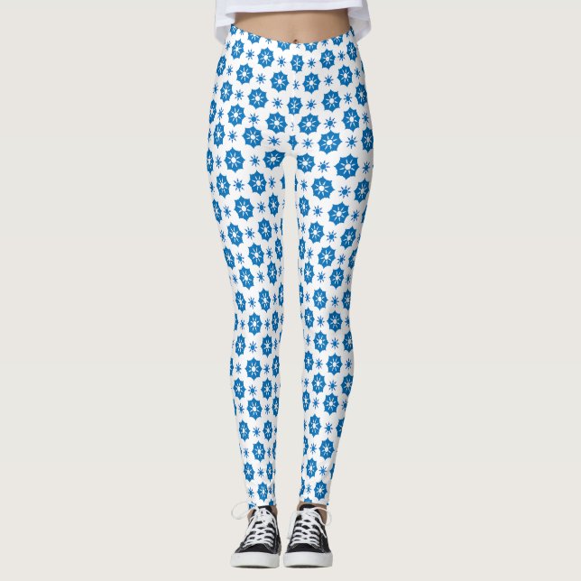 Elegantes geometrisches, blau-weißes Muster Leggings (Vorderseite)