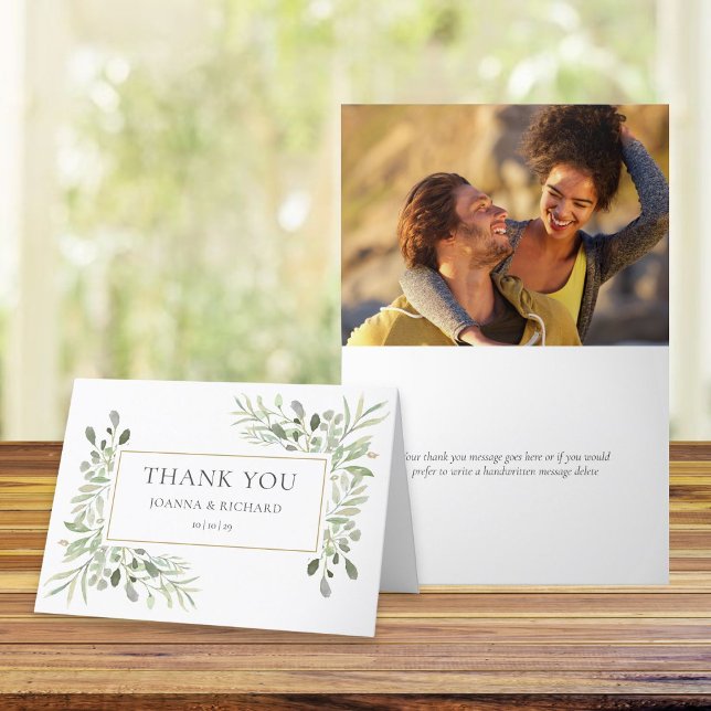 Elegantes geometrisches Foto Dankeskarte (Elegant Gold Geometric Greenery Photo Wedding Thank You Card)