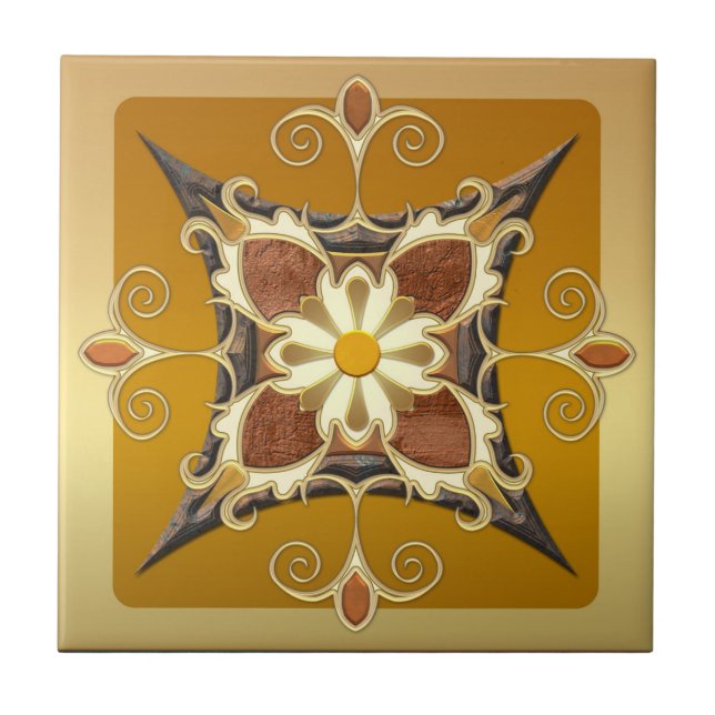 Elegantes geometrisches Gold Ocher Tile Fliese (Vorderseite)