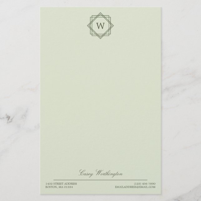 Elegantes geometrisches Olive Green Monogramm und  Briefpapier (Vorderseite)