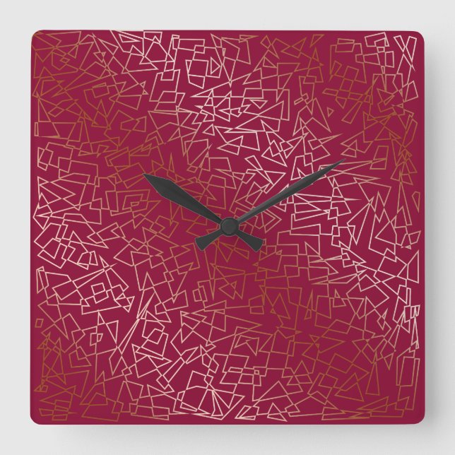 Elegantes geometrisches Rose Gold & Bordeaux Quadratische Wanduhr (Vorderseite)