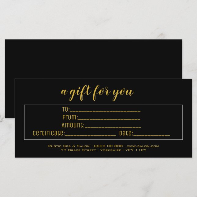Elegantes Geschenkzertifikat für Black & Gold (Vorne/Hinten)