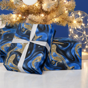 Elegantes geschmolzenes Blau und goldener Glitter- Geschenkpapier