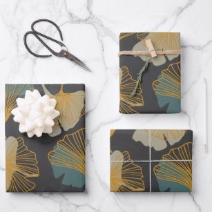 Elegantes Ginkgo-Blätter Muster in Herbstfarbe Geschenkpapier Set