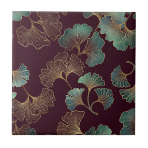 Elegantes Ginkgoblatt in Burgund und Türkis Fliese