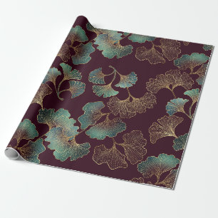 Elegantes Ginkgoblatt in Burgund und Türkis Geschenkpapier