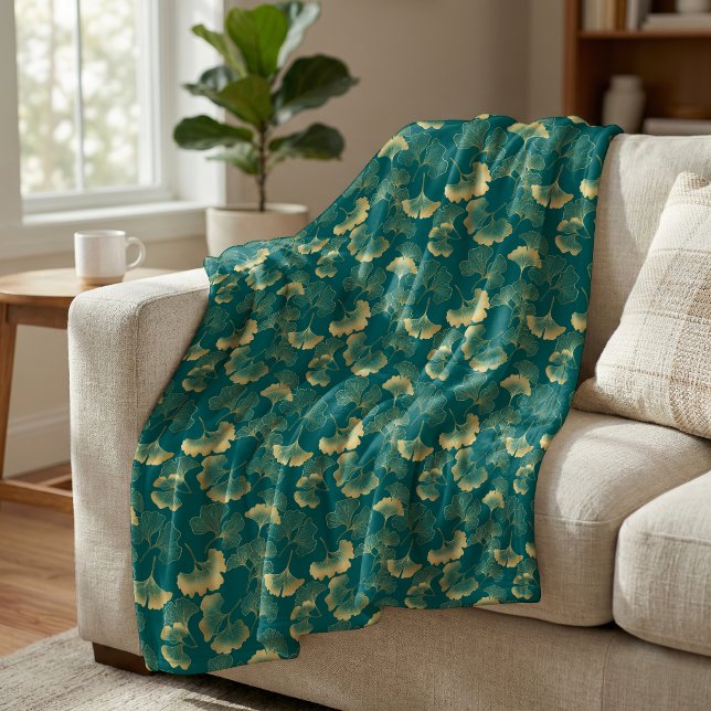 Elegantes Ginkgoblattmuster Teal Gold Fleecedecke (Von Creator hochgeladen)