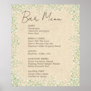 Elegantes Gipskraut Floral Wedding Bar Menu Signat Poster