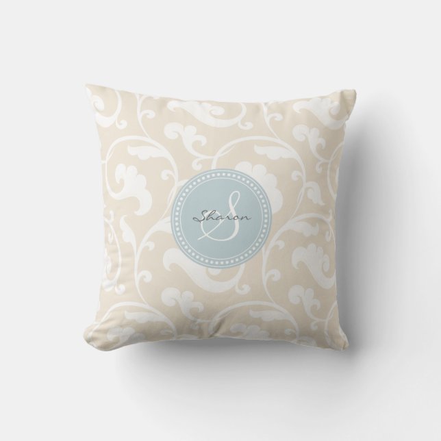 Elegantes girly beige Blumenmustermonogramm Kissen (Vorderseite)