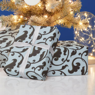 Elegantes girly Blumenmustermonogramm des blauen Geschenkpapier