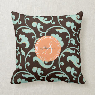 Elegantes girly braunes Blumenmustermonogramm Kissen