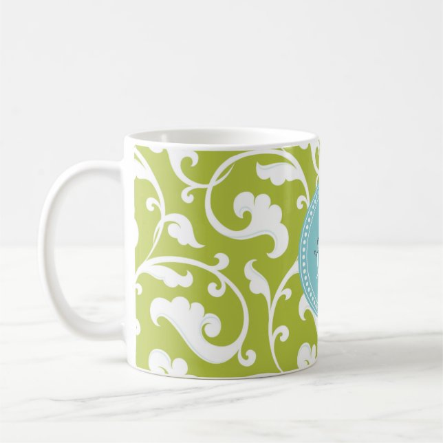 Elegantes girly grünes Blumenmustermonogramm Kaffeetasse (Links)