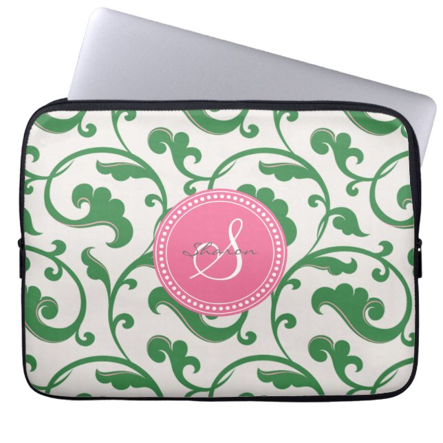 Elegantes girly grünes Blumenmustermonogramm Laptopschutzhülle (Vorderseite)