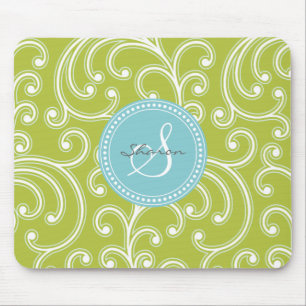 Elegantes girly grünes Blumenmustermonogramm Mousepad