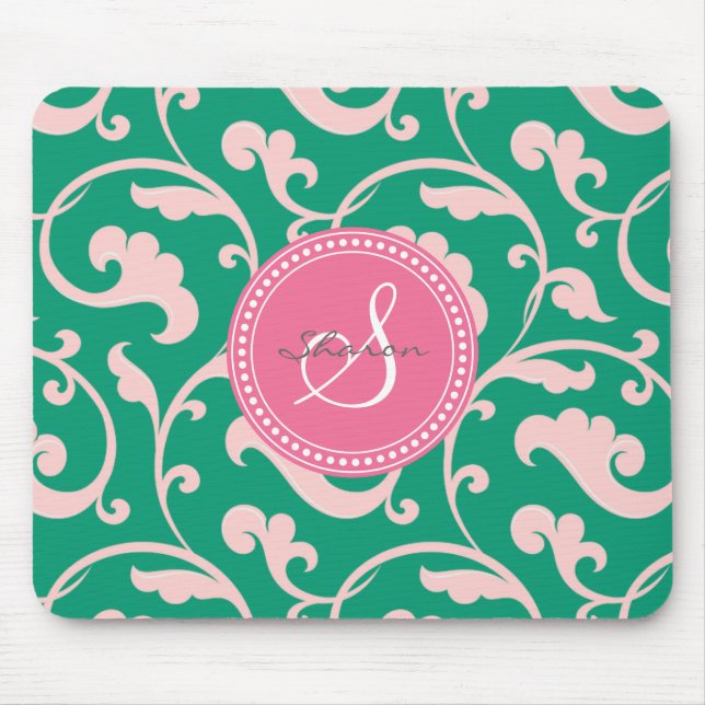 Elegantes girly grünes rosa Blumenmustermonogramm Mousepad (Vorne)