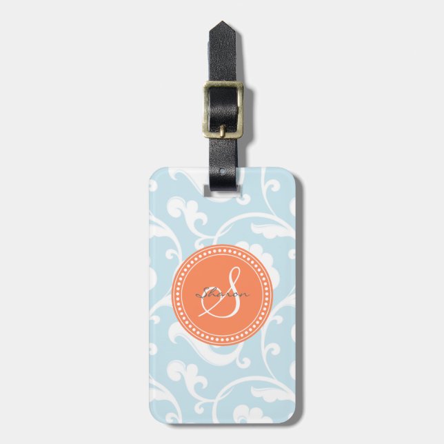 Elegantes girly hellblaues Blumenmustermonogramm Gepäckanhänger (Vorderseite vertikal)
