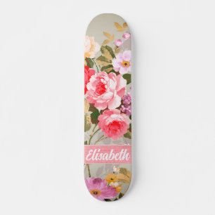 Elegantes Girly Pink Rote Rosen Monogram Skateboar Skateboard