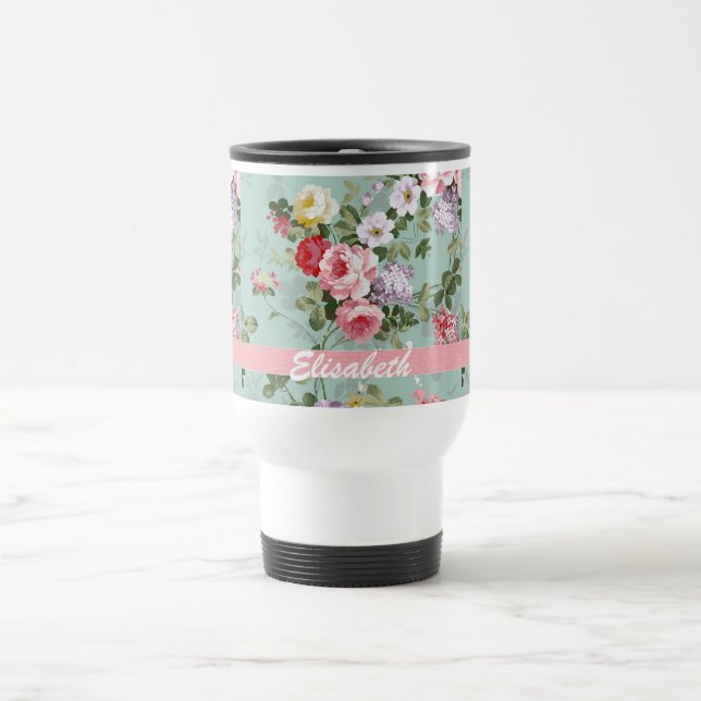 Elegantes Girly rosarotes Rosen-Monogramm Reisebecher (Mittel)