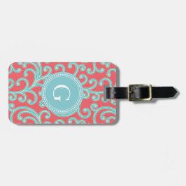 Elegantes girly rotes blaues Blumenmustermonogramm Gepäckanhänger
