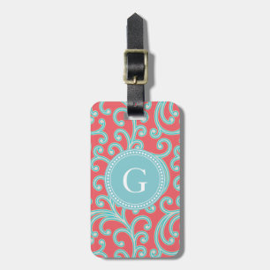 Elegantes girly rotes blaues Blumenmustermonogramm Gepäckanhänger