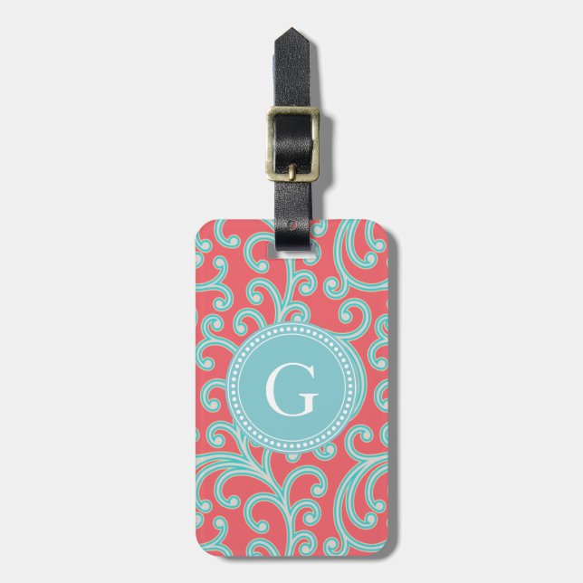 Elegantes girly rotes blaues Blumenmustermonogramm Gepäckanhänger (Vorderseite vertikal)