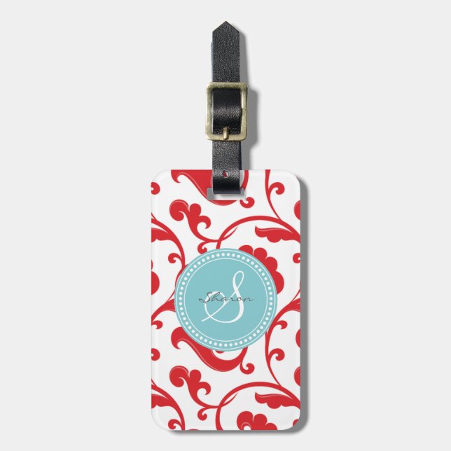 Elegantes girly rotes Blumenmustermonogramm Gepäckanhänger (Vorderseite vertikal)