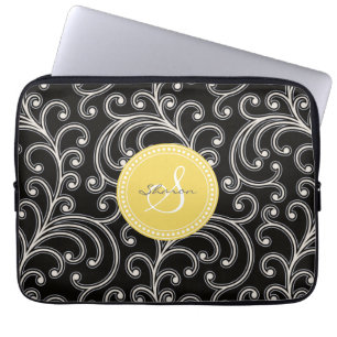 Elegantes girly schwarzes Blumenmustermonogramm Laptopschutzhülle