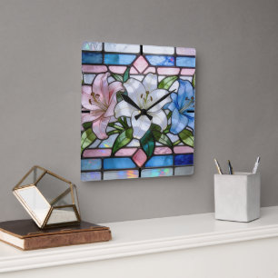 Elegantes Glasmalerei-Lilien-Blumendesign in weich Quadratische Wanduhr