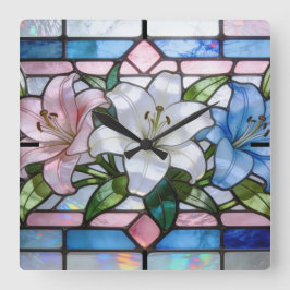 Elegantes Glasmalerei-Lilien-Blumendesign in weich Quadratische Wanduhr