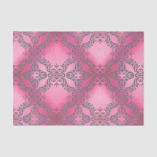Elegantes Glittery Damask Muster auf rosa Metallic Seidenpapier (Vorderseite)