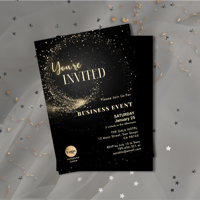 Elegantes Glitzer Black and Gold Business Event Einladung (Elegant Glitter Black and Gold Business Event Invitation )