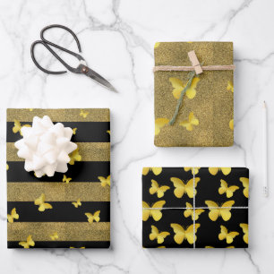 Elegantes Glitzer Gold Butterfly-Muster Geschenkpapier Set