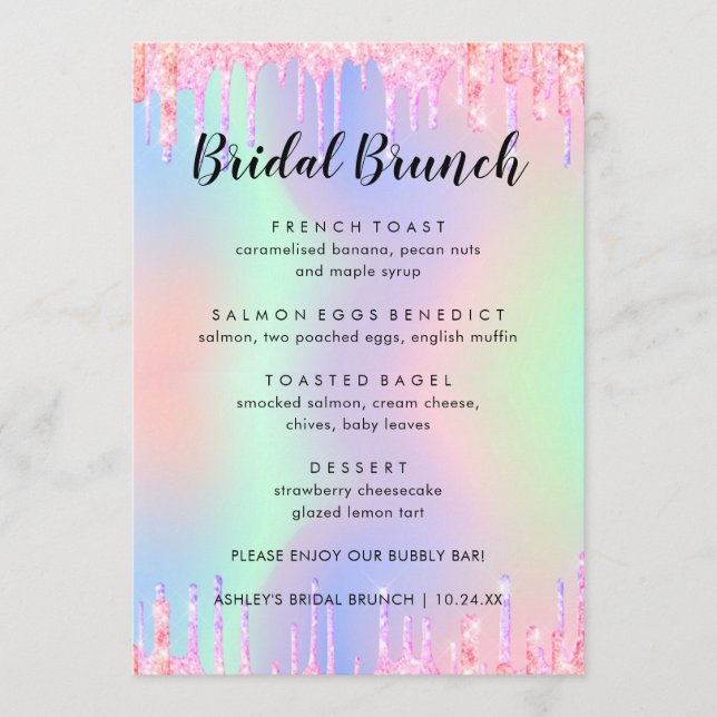 Elegantes Glitzer Holographic Bridal Brunch Menü Menükarte (Vorderseite)
