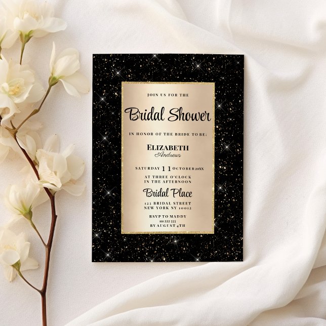 Elegantes Glitzer-Konfetti-Brautparty Einladung (Elegant black gold glitter confetti Bridal Shower)