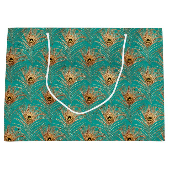 Elegantes Glitzer Peacock Feathers Pattern Große Geschenktüte (Vorderseite)