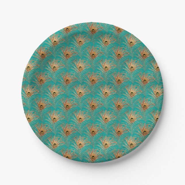 Elegantes Glitzer Peacock Feathers Pattern Pappteller (Vorderseite)