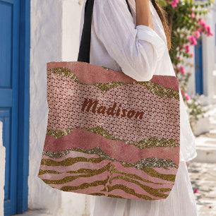 Elegantes glitzerndes Rosé-Tierdruck-Monogramm Tasche
