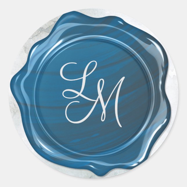 Elegantes Glossy Blue Wax Siegel Monogram Runder Aufkleber (Vorderseite)