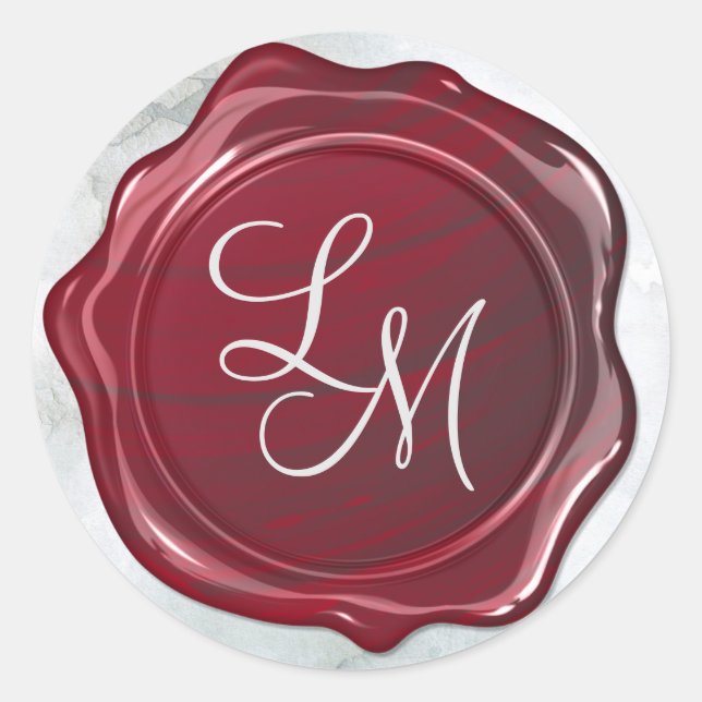 Elegantes Glossy Dark Red Wax Siegel Monogram Runder Aufkleber (Vorderseite)